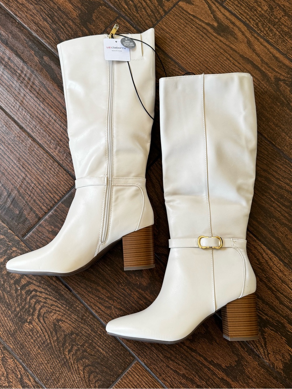 Liz Claiborne Cream Faux Leather Tall Boots Gold Accent Buckle Block Heel 9.5